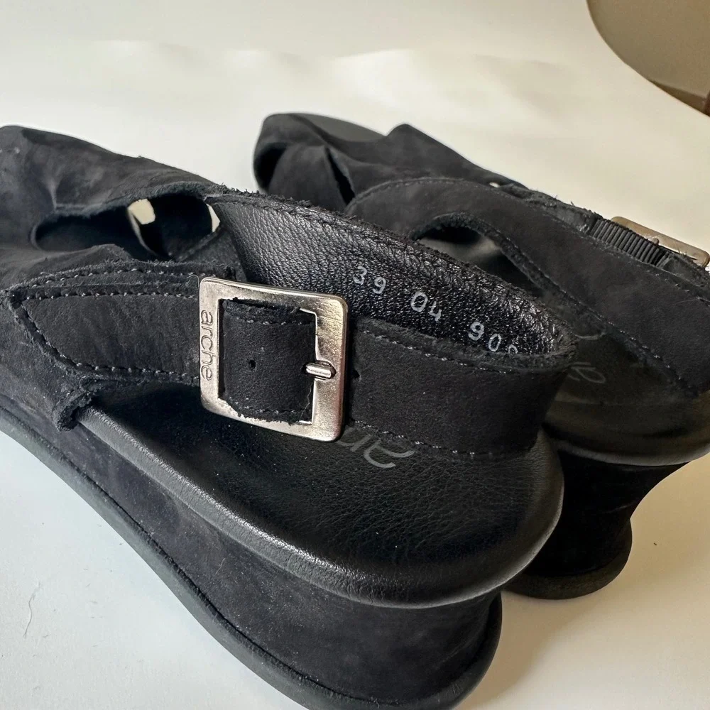 Arche Wedge Sandals Suede Leather Black Slingback Open Toe 39 US 8
